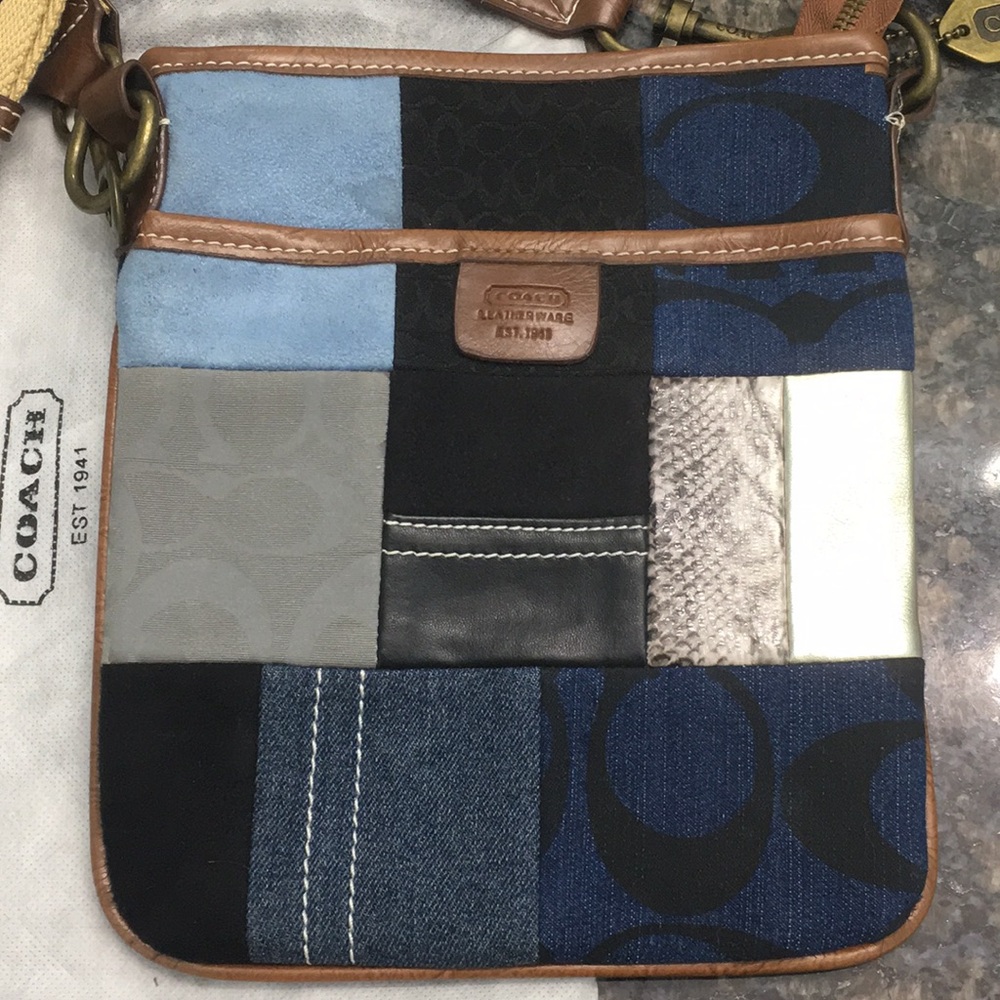Multi pattern coach denim crossbody